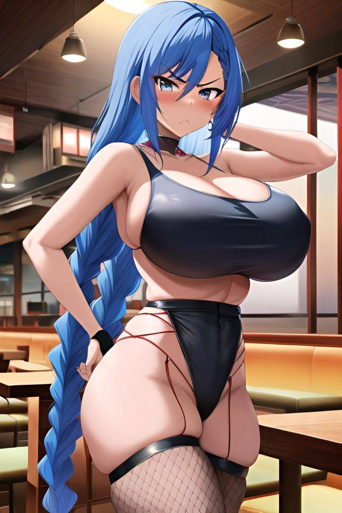 Anime Skinny Huge Boobs 50s Age Angry Face Blue Hair Braided Hair Style Dark Skin Cyberpunk Restaurant Front View Yoga Fishnet 3663233012434531492 - AI Hentai - #main