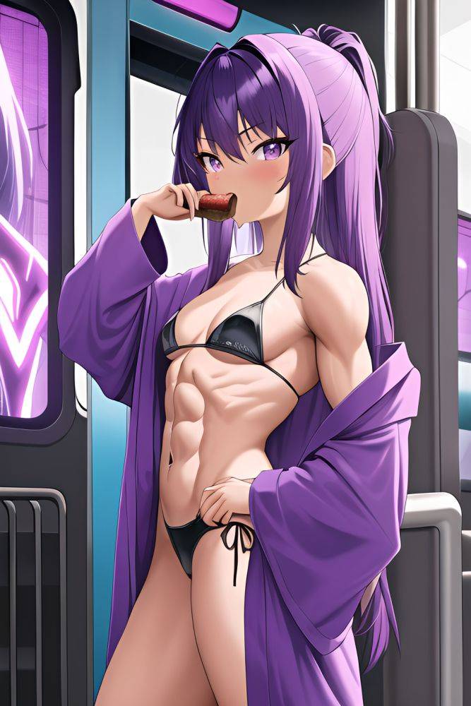 Anime Muscular Small Tits 20s Age Shocked Face Purple Hair Bangs Hair Style Dark Skin Cyberpunk Train Back View Eating Bathrobe 3663445613318615273 - AI Hentai - #main