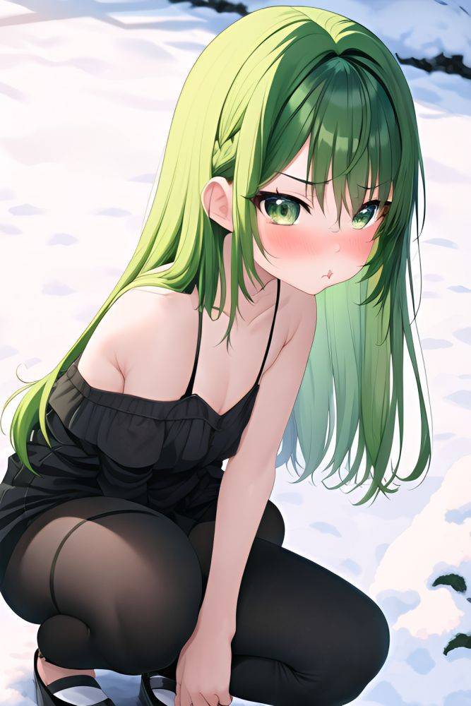 Anime Skinny Small Tits 40s Age Pouting Lips Face Green Hair Bangs Hair Style Light Skin Skin Detail (beta) Snow Side View Squatting Goth 3663499731640676851 - AI Hentai - #main