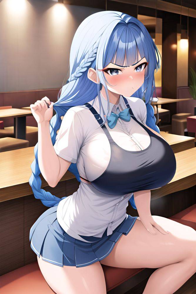 Anime Skinny Huge Boobs 80s Age Angry Face Blue Hair Braided Hair Style Light Skin Charcoal Restaurant Side View T Pose Mini Skirt 3663538384262675025 - AI Hentai - #main