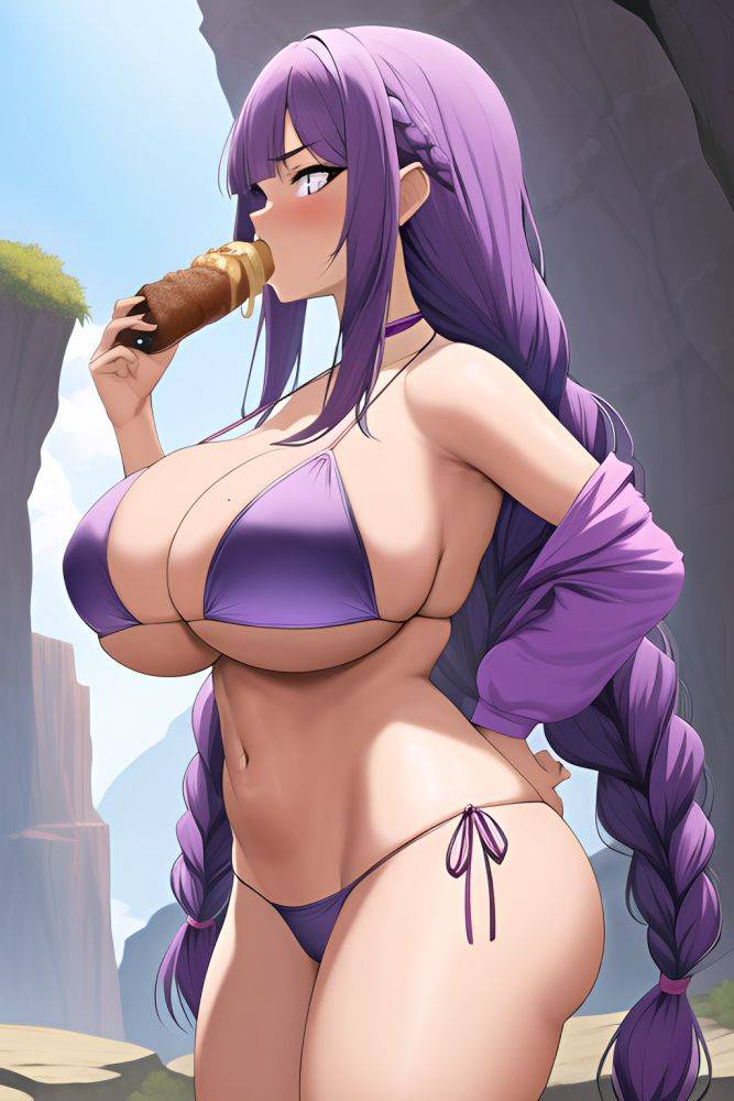 Anime Skinny Huge Boobs 20s Age Sad Face Purple Hair Braided Hair Style Dark Skin Comic Cave Side View Eating Bikini 3663534519143179998 - AI Hentai - #main