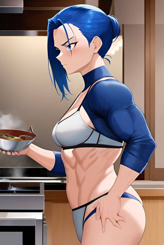 Anime Muscular Small Tits 50s Age Serious Face Blue Hair Slicked Hair Style Dark Skin Crisp Anime Restaurant Side View Cooking Bra 3663712334150862377 - AI Hentai - #main