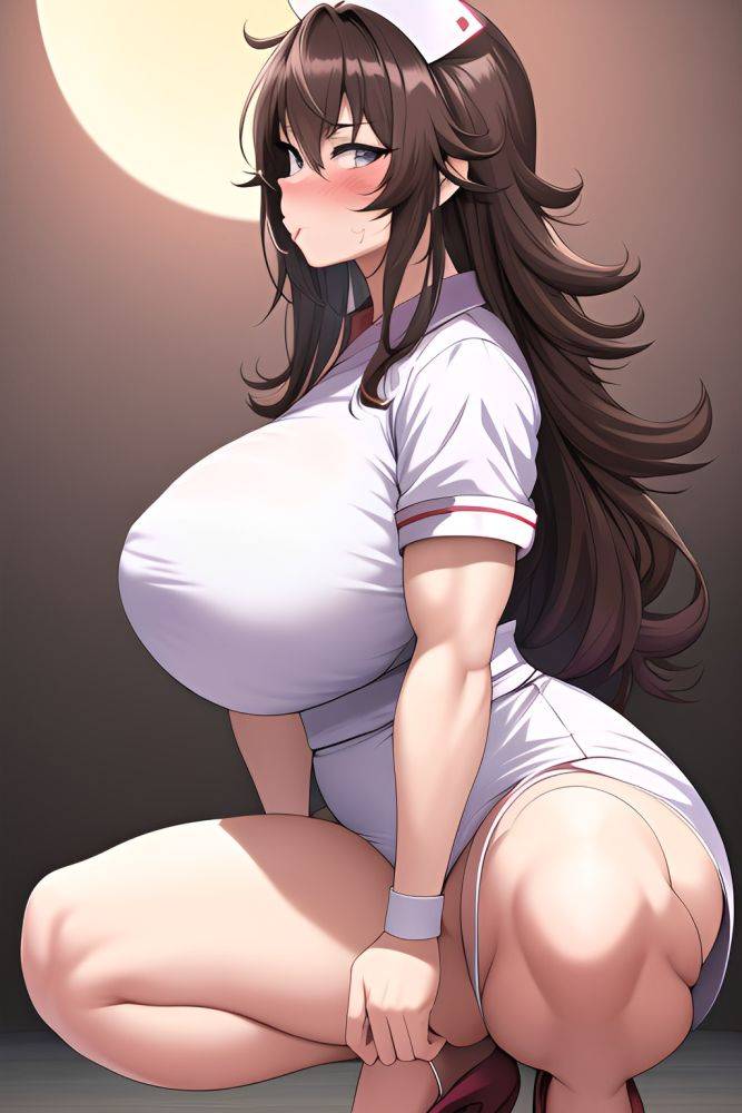 Anime Muscular Huge Boobs 40s Age Pouting Lips Face Brunette Messy Hair Style Light Skin Comic Moon Side View Squatting Nurse 3663708468036254504 - AI Hentai - #main
