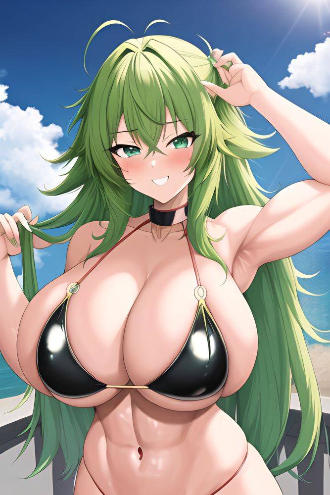 Anime Muscular Huge Boobs 20s Age Happy Face Green Hair Messy Hair Style Light Skin Soft Anime Train Back View On Back Latex 3663758717674411291 - AI Hentai - #main