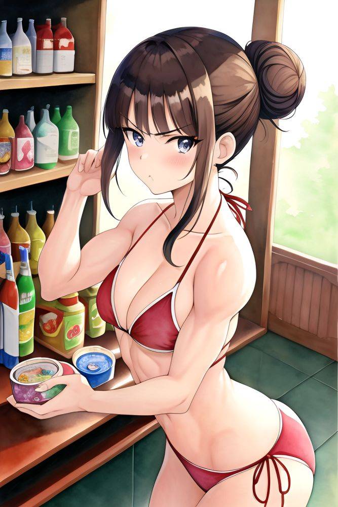 Anime Muscular Small Tits 60s Age Serious Face Brunette Hair Bun Hair Style Light Skin Watercolor Grocery Front View Yoga Bikini 3663770314086251429 - AI Hentai - #main