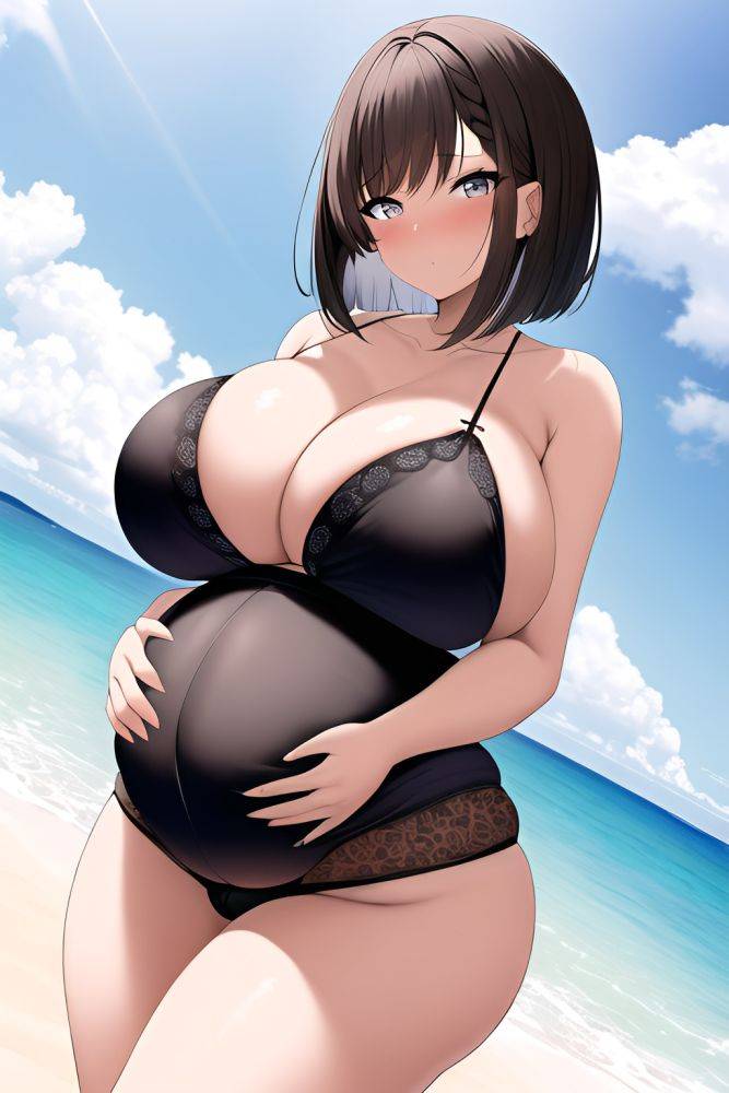 Anime Pregnant Huge Boobs 60s Age Shocked Face Brunette Bobcut Hair Style Dark Skin Black And White Beach Close Up View Working Out Lingerie 3663874683248700565 - AI Hentai - #main