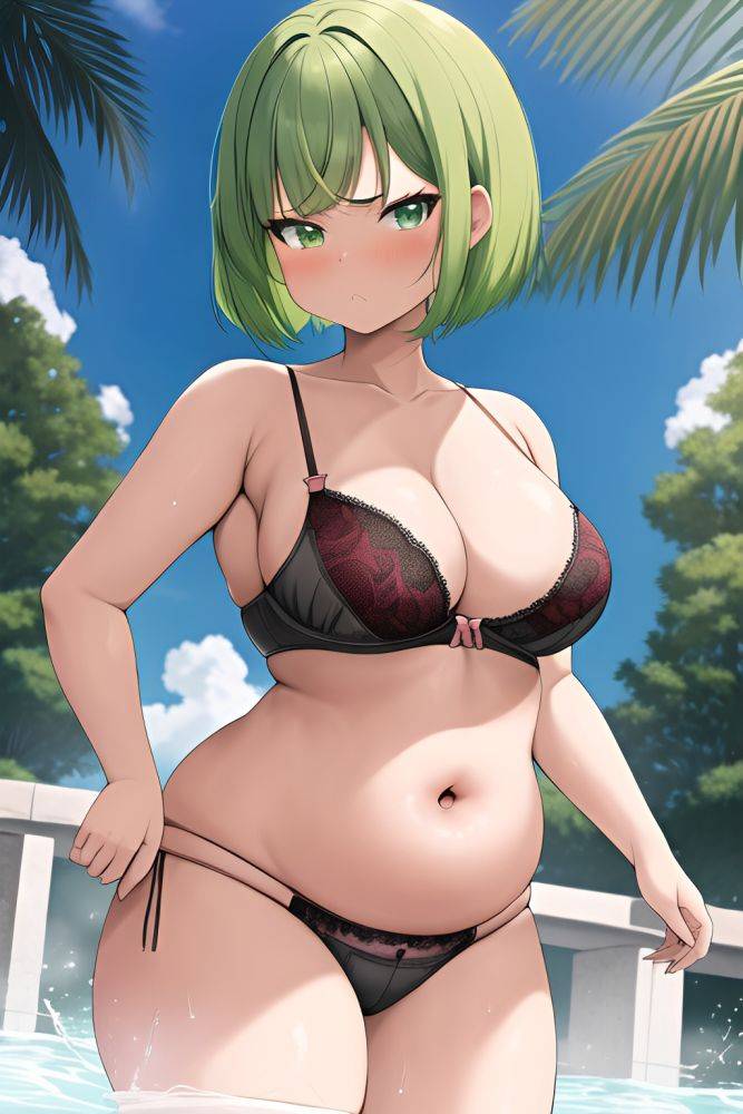 Anime Chubby Small Tits 20s Age Serious Face Green Hair Bobcut Hair Style Dark Skin Skin Detail (beta) Club Front View Bathing Bra 3664052493429263604 - AI Hentai - #main