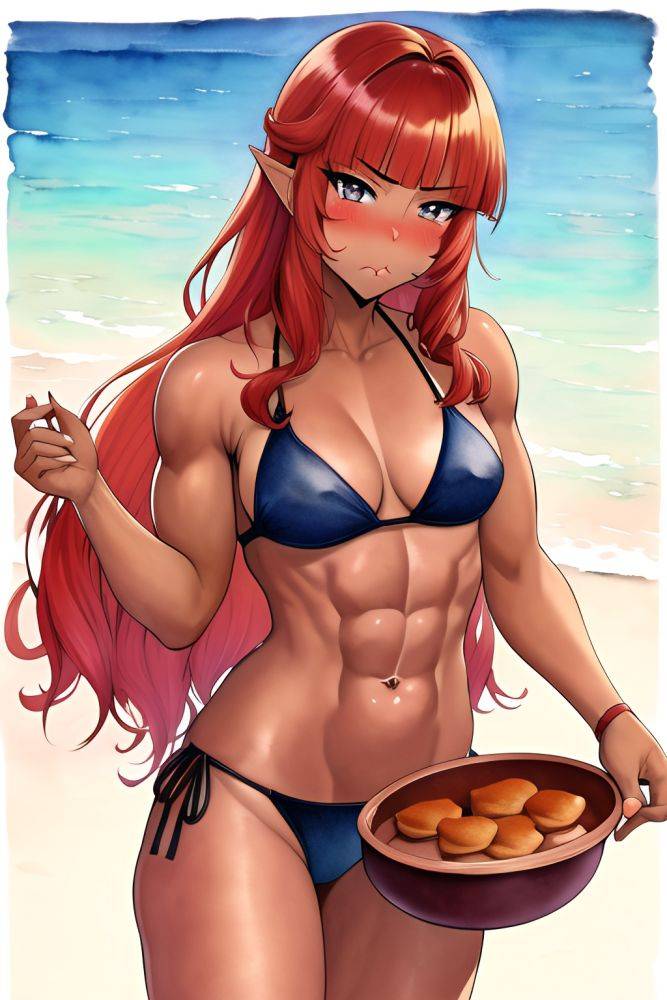 Anime Muscular Small Tits 40s Age Pouting Lips Face Ginger Pixie Hair Style Dark Skin Watercolor Wedding Front View Cooking Bikini 3664067955311771636 - AI Hentai - #main