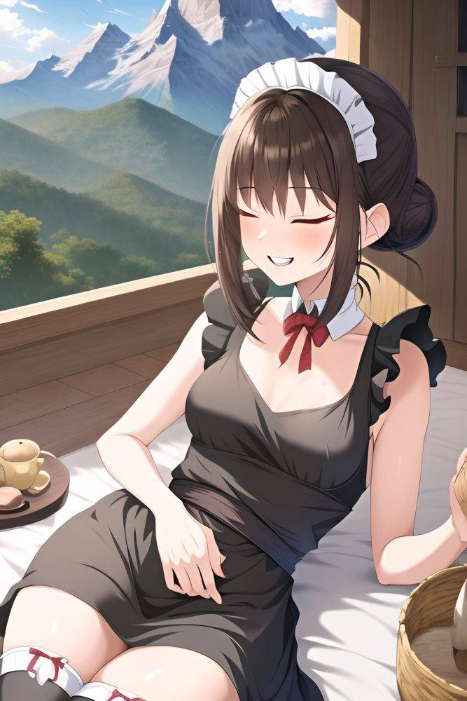 Anime Skinny Small Tits 60s Age Laughing Face Brunette Hair Bun Hair Style Light Skin Charcoal Mountains Front View Sleeping Maid 3663062933477229956 - AI Hentai - #main
