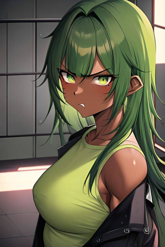 Anime Muscular Small Tits 80s Age Angry Face Green Hair Slicked Hair Style Dark Skin Cyberpunk Prison Close Up View Gaming Nurse 3664210979345617972 - AI Hentai - #main