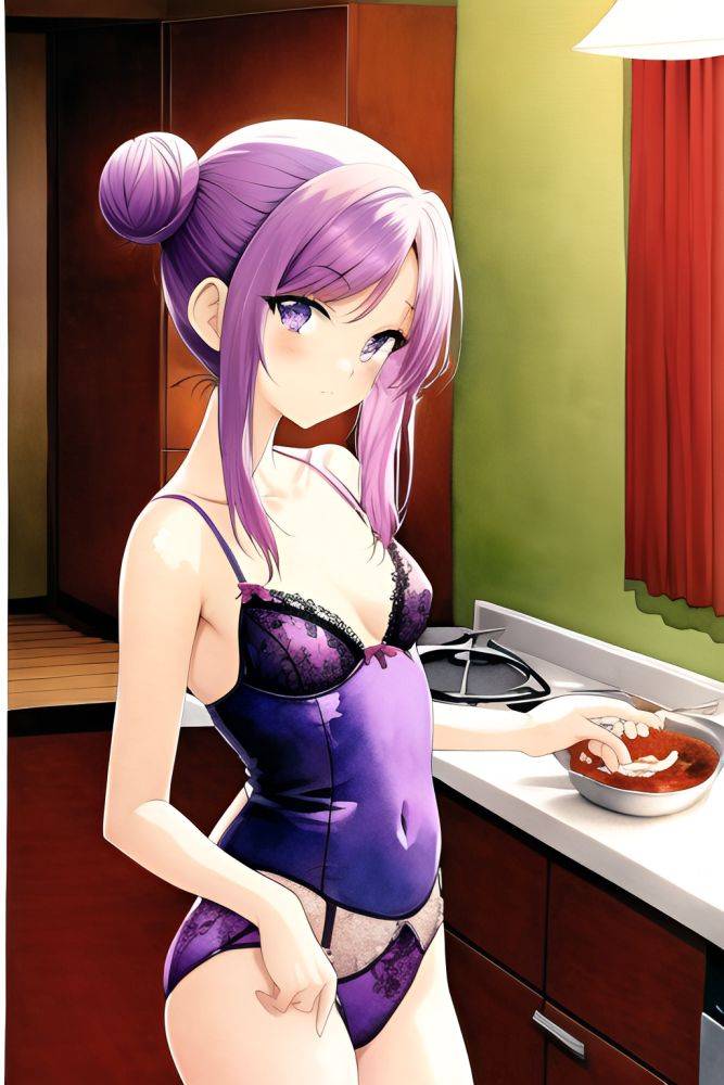 Anime Skinny Small Tits 70s Age Seductive Face Purple Hair Hair Bun Hair Style Light Skin Watercolor Church Back View Cooking Lingerie 3664245766788792567 - AI Hentai - #main