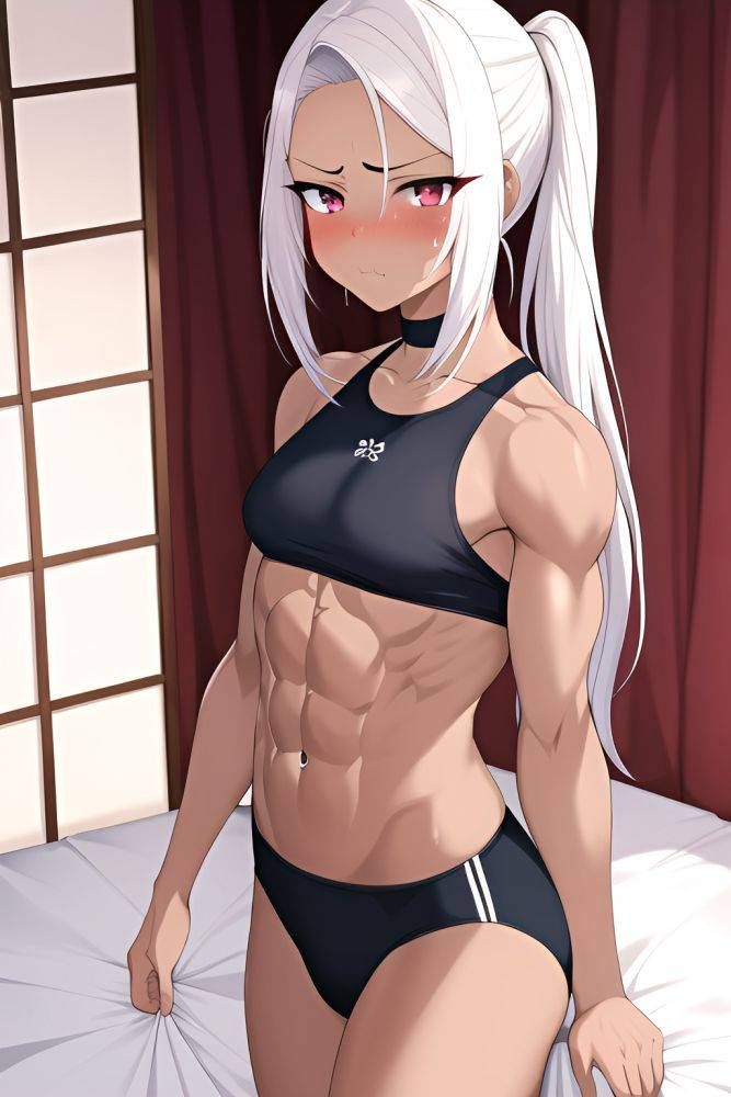 Anime Muscular Small Tits 18 Age Sad Face White Hair Slicked Hair Style Dark Skin Crisp Anime Bedroom Front View Working Out Goth 3664296017906866737 - AI Hentai - #main