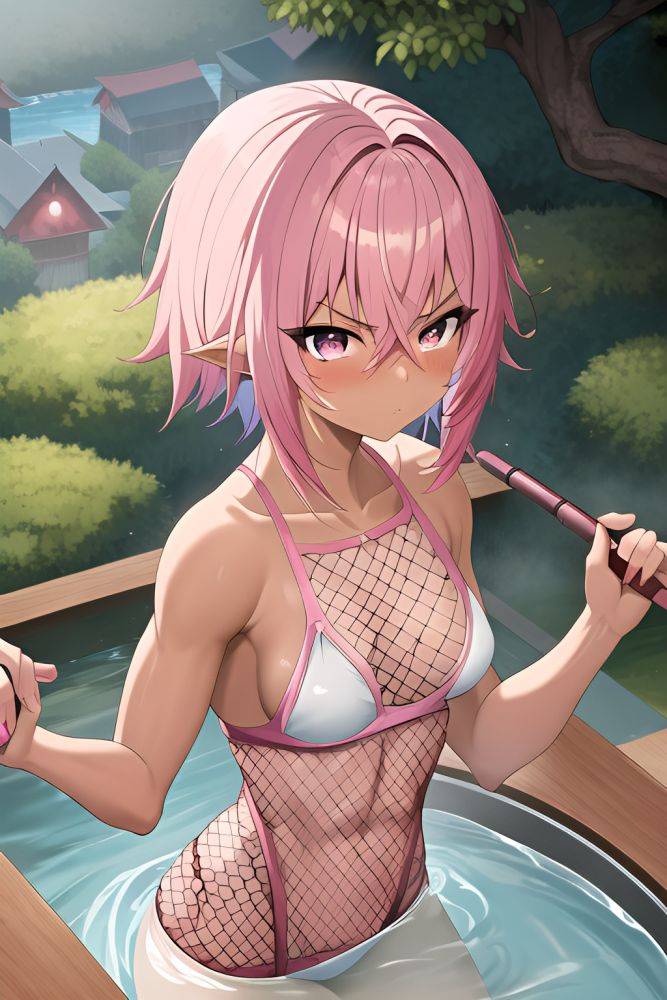 Anime Muscular Small Tits 30s Age Serious Face Pink Hair Pixie Hair Style Dark Skin Painting Train Close Up View Bathing Fishnet 3664647775904891985 - AI Hentai - #main