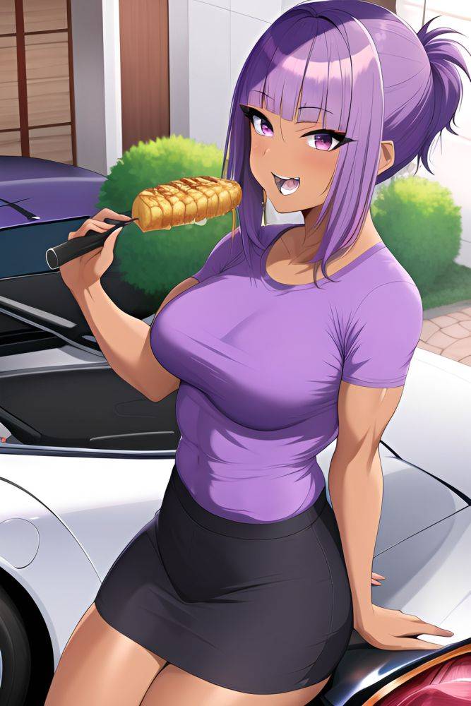 Anime Muscular Small Tits 50s Age Laughing Face Purple Hair Pixie Hair Style Dark Skin Crisp Anime Car Front View Eating Fishnet 3664670970704496768 - AI Hentai - #main