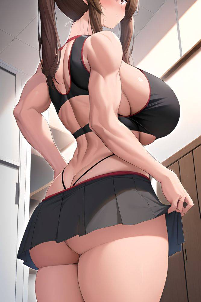 Anime Muscular Huge Boobs 80s Age Sad Face Brunette Pigtails Hair Style Dark Skin Film Photo Changing Room Close Up View On Back Mini Skirt 3664701894097667404 - AI Hentai - #main
