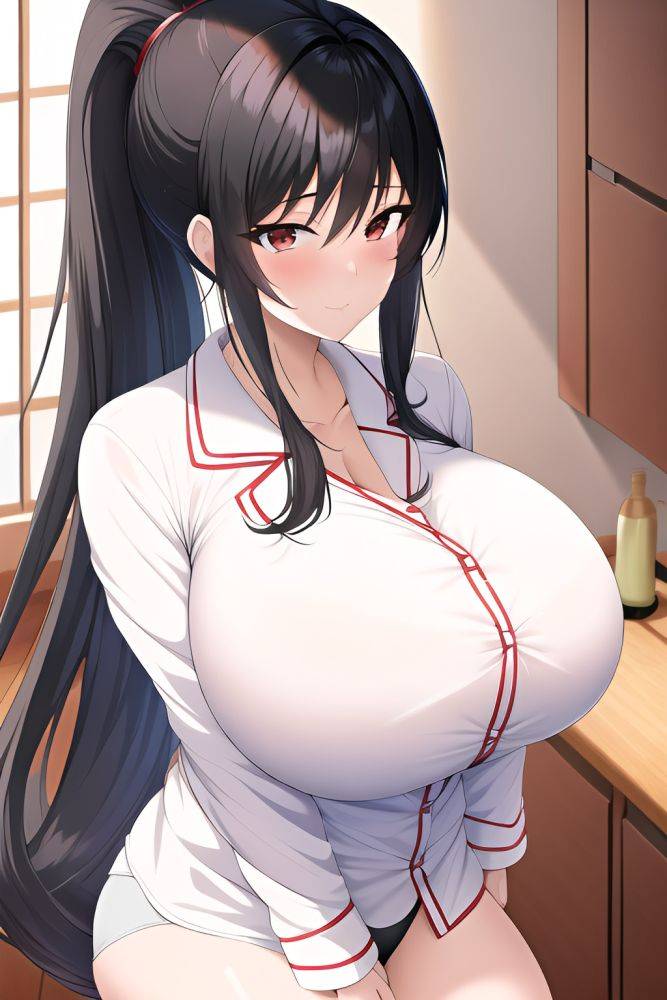 Anime Busty Huge Boobs 50s Age Seductive Face Black Hair Ponytail Hair Style Light Skin Illustration Kitchen Close Up View Massage Pajamas 3664817856440749666 - AI Hentai - #main