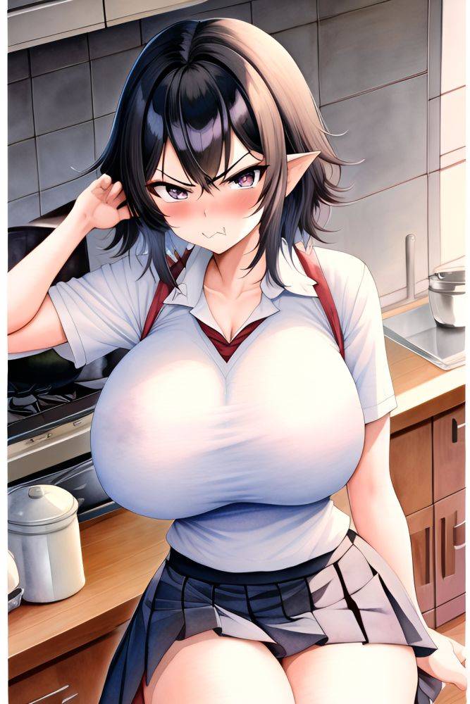 Anime Skinny Huge Boobs 80s Age Angry Face Black Hair Pixie Hair Style Light Skin Watercolor Kitchen Front View Yoga Schoolgirl 3664883569441283818 - AI Hentai - #main