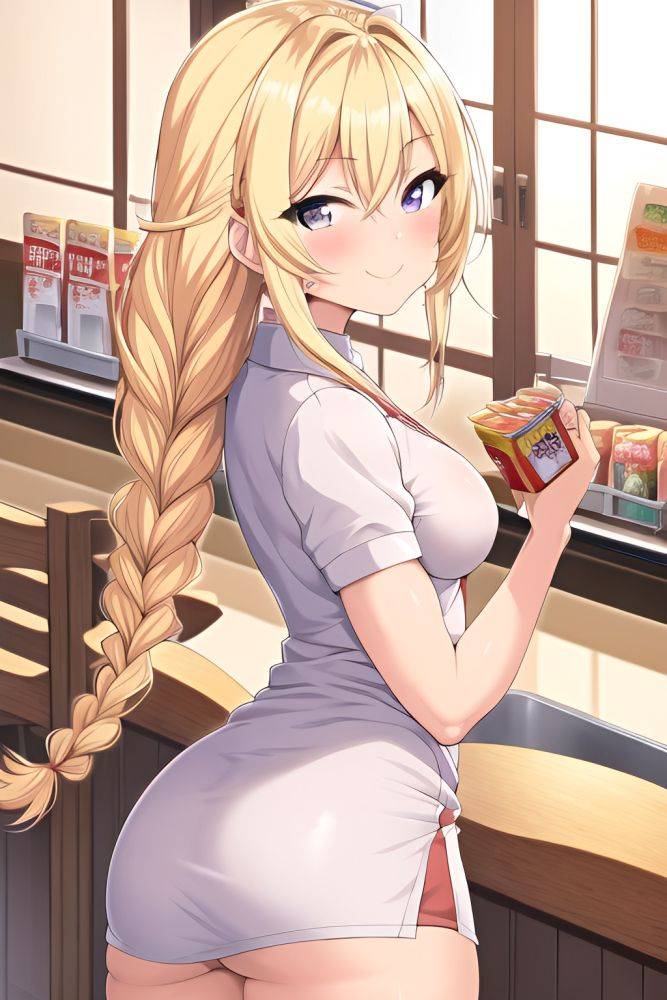 Anime Muscular Small Tits 20s Age Happy Face Blonde Braided Hair Style Light Skin Illustration Grocery Back View Jumping Nurse 3665038188266330436 - AI Hentai - #main