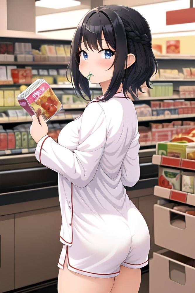 Anime Chubby Small Tits 20s Age Shocked Face Black Hair Pixie Hair Style Light Skin Skin Detail (beta) Grocery Back View Eating Pajamas 3665049784865352561 - AI Hentai - #main
