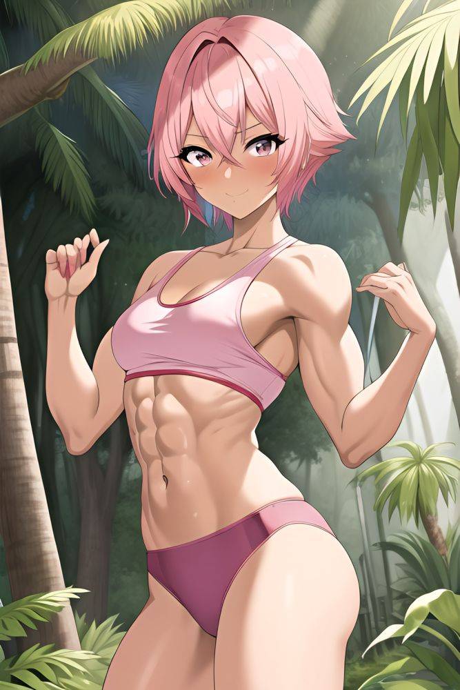 Anime Muscular Small Tits 30s Age Seductive Face Pink Hair Pixie Hair Style Dark Skin Illustration Jungle Front View Working Out Teacher 3665072975913052589 - AI Hentai - #main