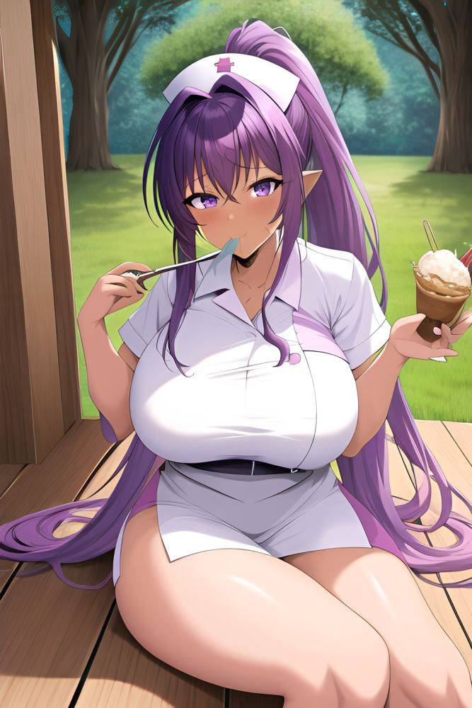Anime Busty Huge Boobs 80s Age Seductive Face Purple Hair Ponytail Hair Style Dark Skin Film Photo Meadow Front View Eating Nurse 3665088439571497343 - AI Hentai - #main