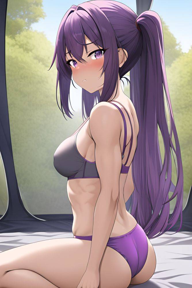 Anime Muscular Small Tits 40s Age Sad Face Purple Hair Bangs Hair Style Dark Skin Crisp Anime Tent Back View Working Out Bra 3665177345395871197 - AI Hentai - #main