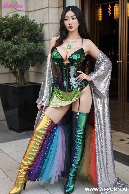 chinese，rainbow sequin corset，tutu skirt， mesh robe，rainbow paris green sequin bra ,necklace，rainbow print large pointed thigh-high boots, hairy pussy, nude - #main