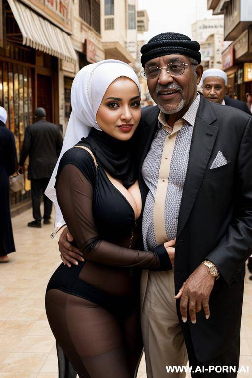 curvy arabic busty wearing hijab and bikini hugged from black grandpa in crowded street - #main