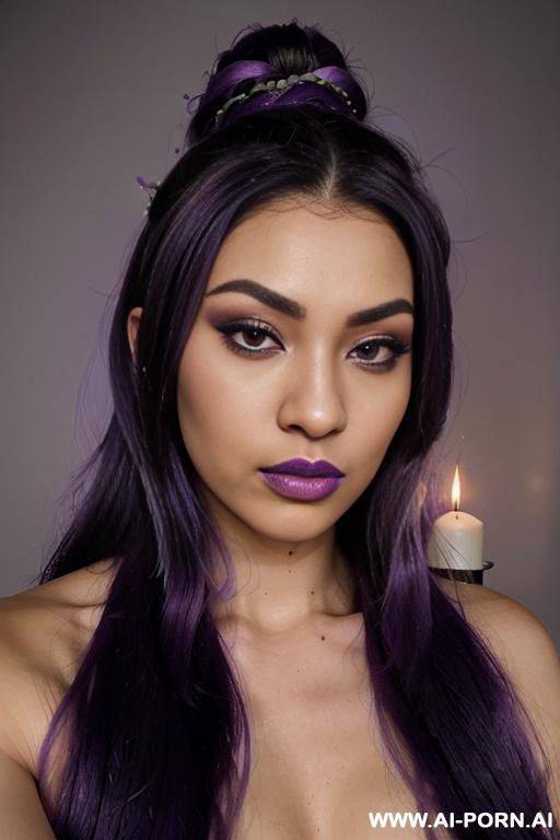 elaborate flowing hairdo, purple hair with black highlights, glamor, bow down, - #main