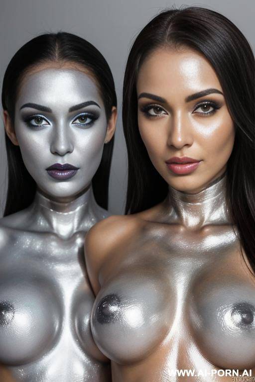 photo of multiple gorgeous brazilian bimbos completely covered in silver bodypaint - #main