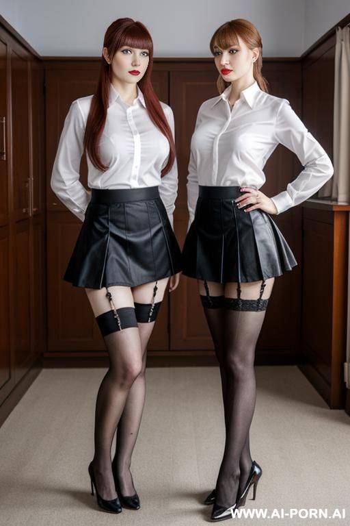 two ugly submissive russian women standing in microskirt, shirt and stockings (microskirt) - #main