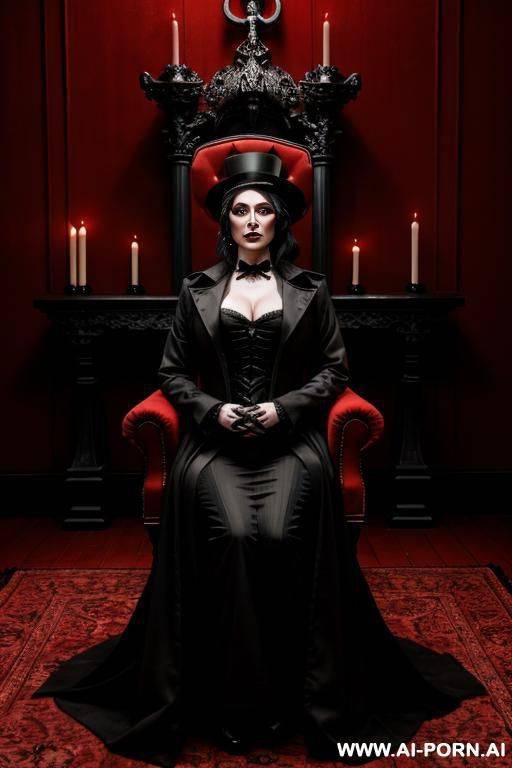 cinematic-style medium shot of a gothic horror scene with a satanist makeup. a man with a long black coat and a top hat is standing in a dimly lit room. he has red eyes and wears a - #main