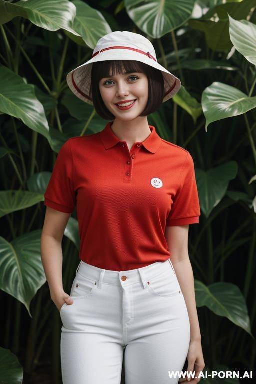 gorgeous woman wearing a tight red polo shirt, she is wearing tight white jeans, standing in a jungle, (thick pubic hair:1.2), she is wearing a (white bucket hat) - #main