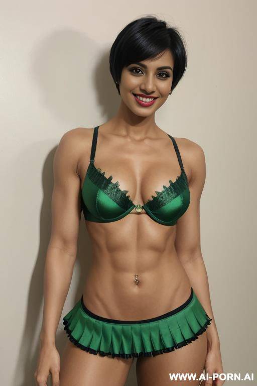 indian, fit, abs, muscles, navel piercing, green bra, green frilly skirt, tall, looking at camera, full body, stiletto - #main