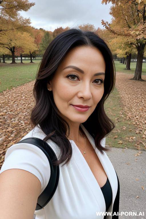 autumn weather outside middle-aged lady making selfies - #main