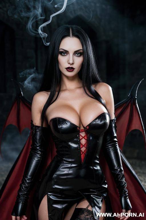 long hair. vampire queen knight. bright red vampire eyes. wearing a long black dress. slightly sun kissed tanned skin. having huge bat wings on her upper back. large upper fangs. - #main