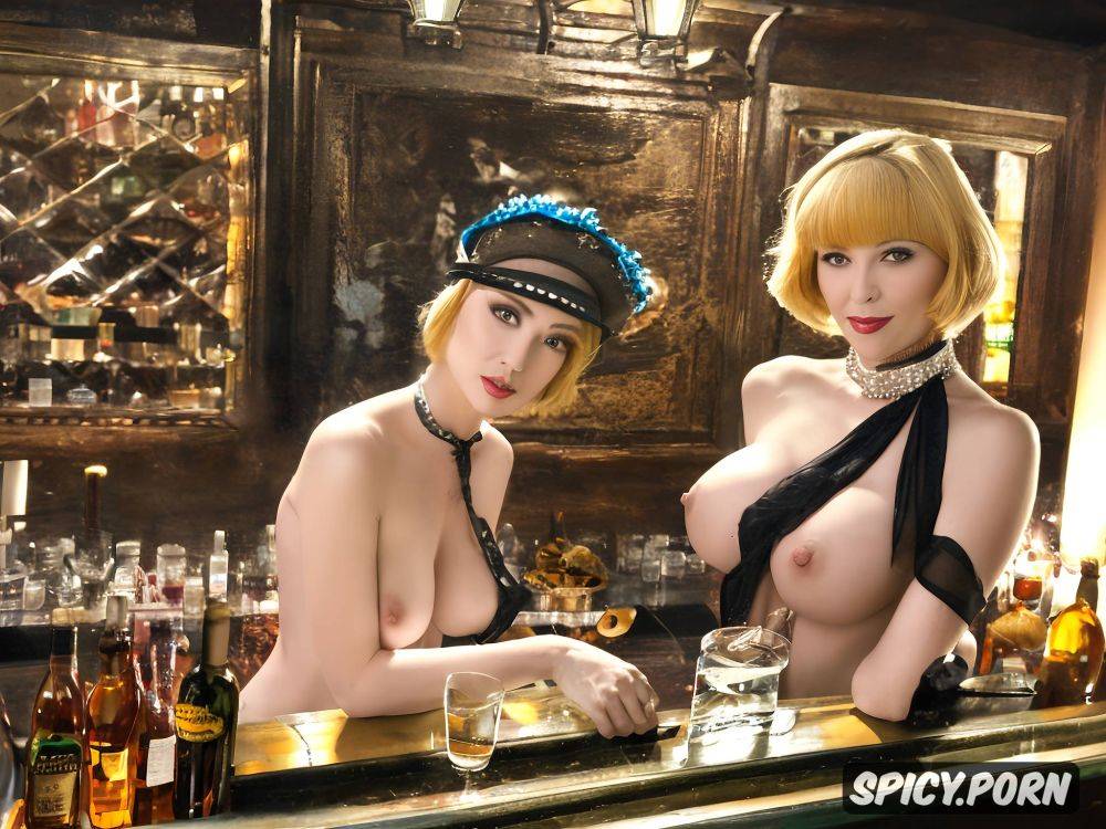 elegant, looking horny heavy natural boobs, next to a bar in a speakeasy - #main