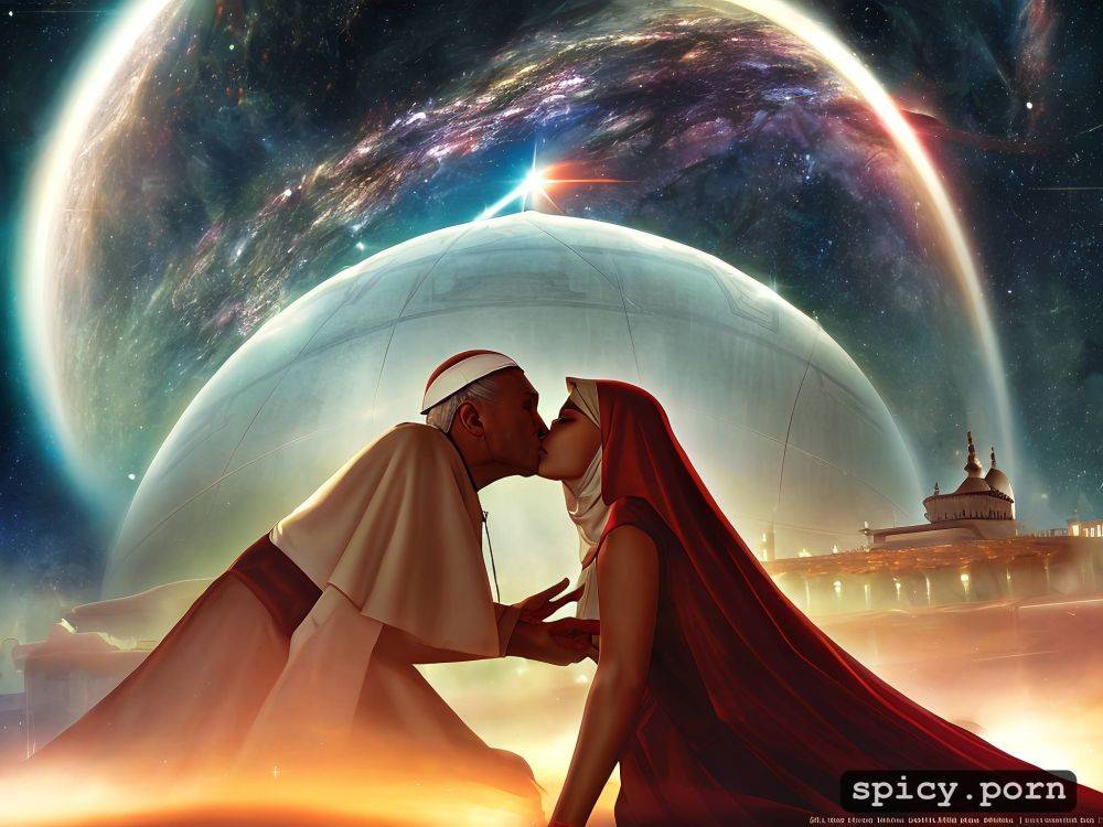 mosque in background, floating in space, female priest kissing pope - #main