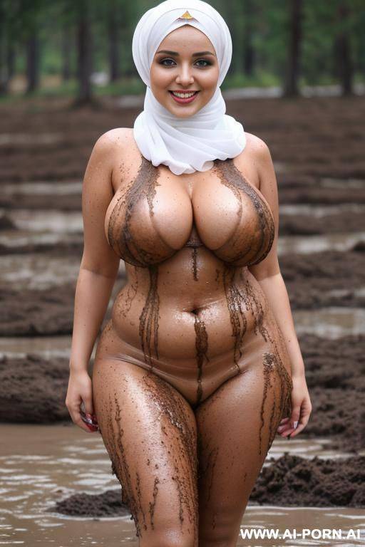 smiling curvy russian busty with huge boobs wearing hijab fully naked standing stained with mud - #main