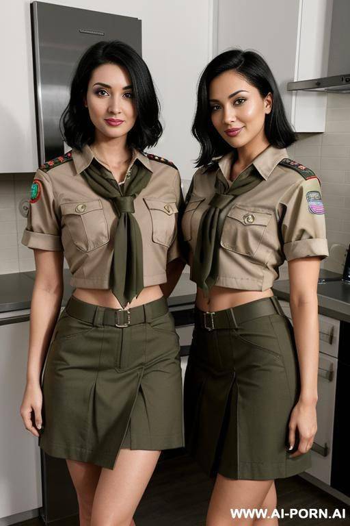 indians, short straight hair, abs, fit, muscular arms, arms up, big ass, navel piercing, olive bra, olive pleat skirt, tall, looking at camera, full body, stiletto, 2 women next to each other, in kitchen - #main