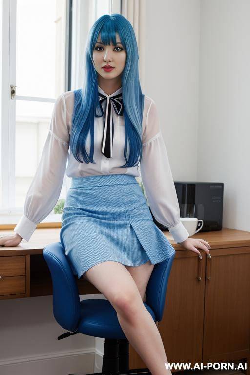 sister, with blue hair, white blouse and blue skirt, sitting on a chair - #main