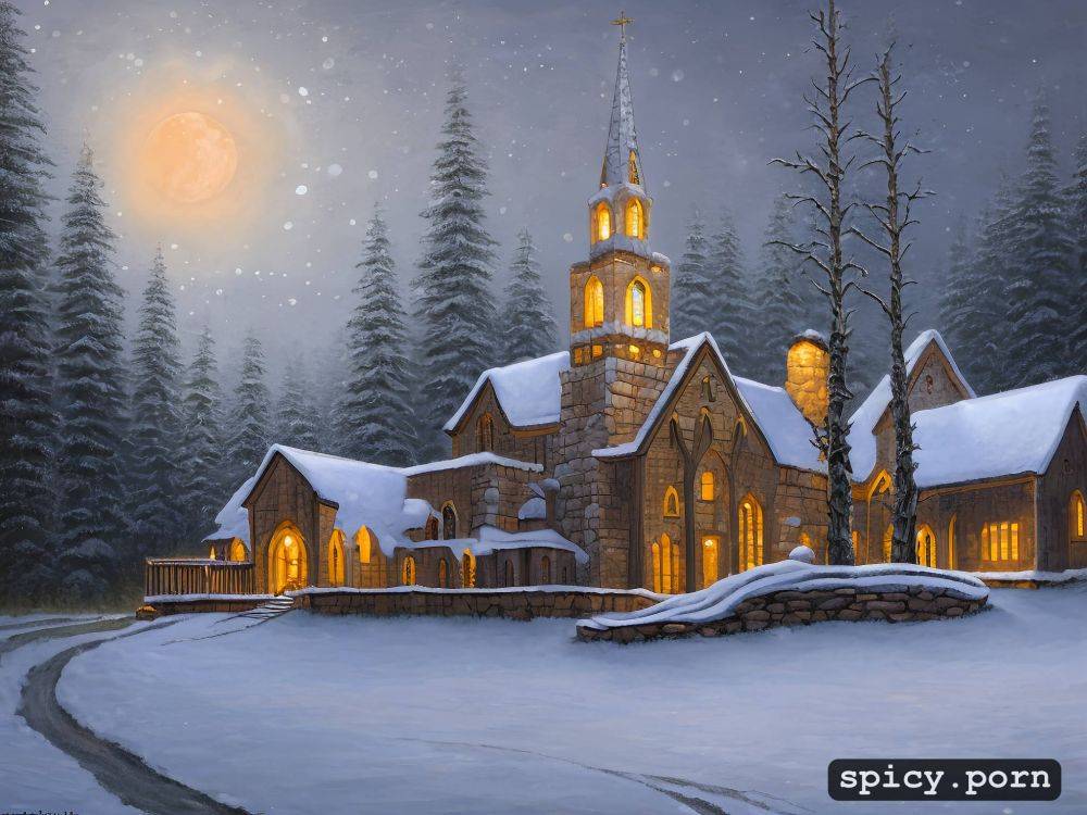 on a beautiful snowy night, thomas kinkade style painting of a beautiful small church in the middle of an enchanted forest - #main