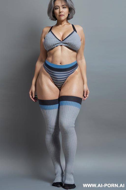 (((0 year old grandmother))), (((short gray hair))), (((very visible age marks))), (((triangular hips))), (((thick thighs)) ), blue shirt with black vertical stripes))), (((blue panties))), (((long blue - #main