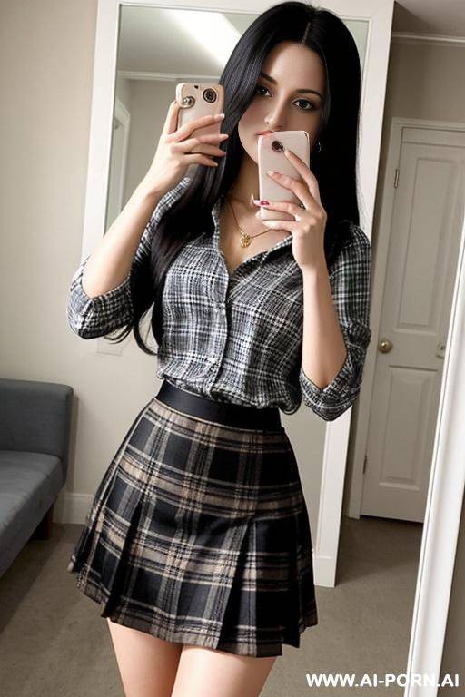 woman long hair short plaid skirt tight blouse selfie photo in the mirror - #main