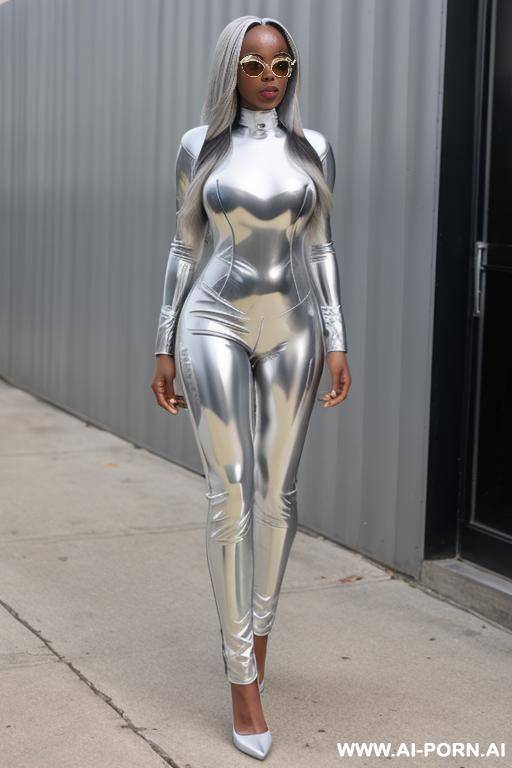 african-american, long silver hair, silver pvc catsuit - #main