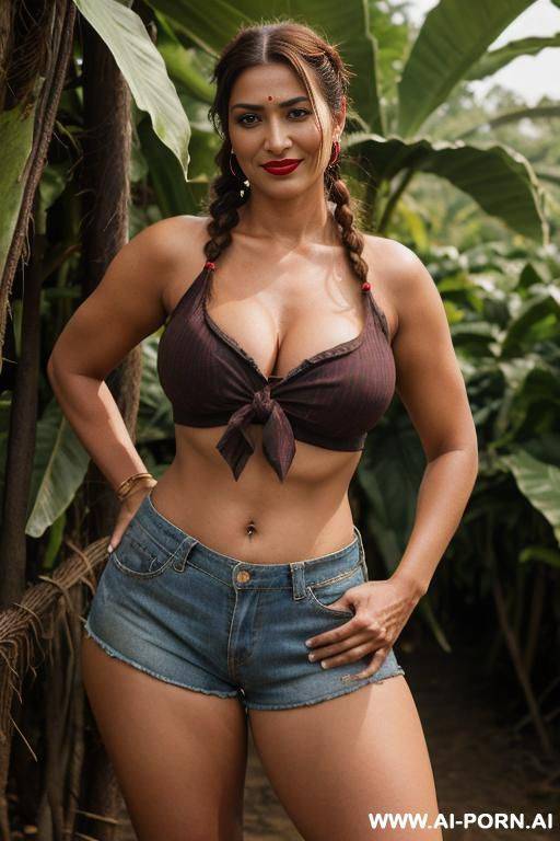 highest possible quality photo of a texas country woman wearing skimpy cut-off shorts and a shirt knotted in front. she is standing in a jungle, (she is hatless:1.3). exposed midriff, mother, milf, bold, busty, sexy pose, red lipstick - #main