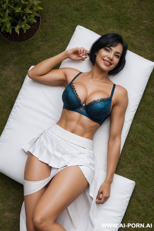 indians, short bobcut hair, fit, abs, big ass, arms up, muscular arms, navel piercing, blue bra, white satin pleat skirt, tall, full body, looking at camera, stiletto, lying on side, in garden, 3 women - #main