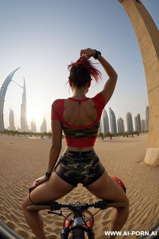 hot sunset in dubai city a beauty face italian mommy punk view fish eye lens ground level shot hair cut pixie staying bending from behind leaning over sexy posture riding a custom off-road - #main