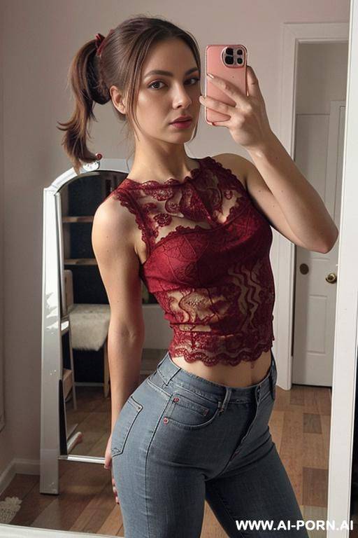 woman, hair in a ponytail, tight jeans, lace red blouse, legs selfie photo in the mirror - #main