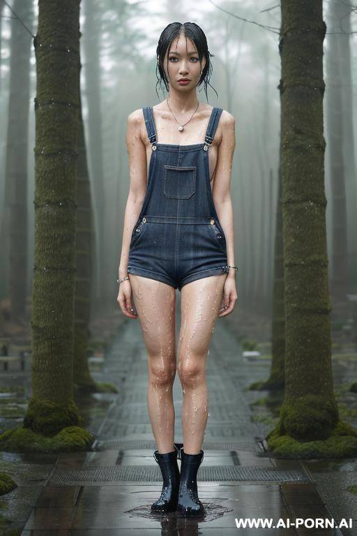 ((scared wet japan woman), ((naked)), ((overalls)), ((wet hair)), (hair ribbon), ((looking at the camera)), ((eyes contact)), full body view, (pussy visible), (hairy pussy), (boobs visible), ((no - #main